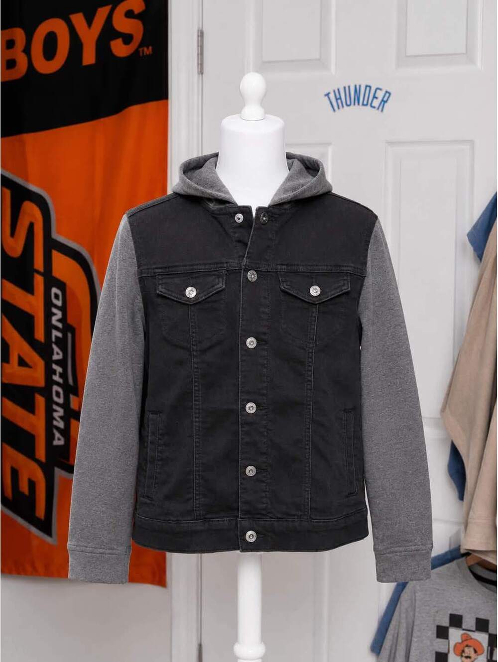 Art Class Boys' Size L (12/14) Black Denim Jacket with Gray Hoodie Sleeves